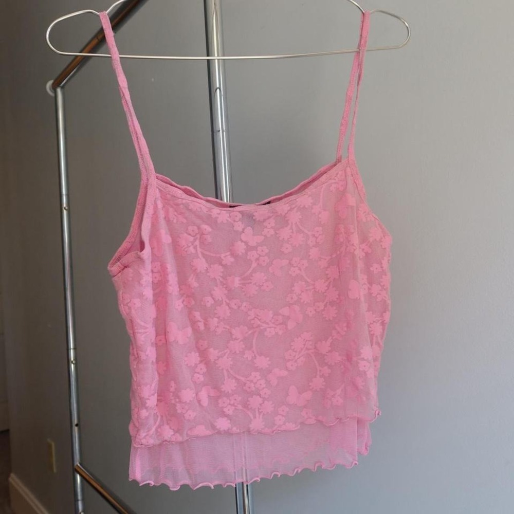 Pink floral lace tank top Y2K Fashion Sexy Valentine Spaghetti Strap Fairy‎